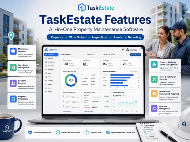 TaskEstate property maintenance dashboard showing operational work